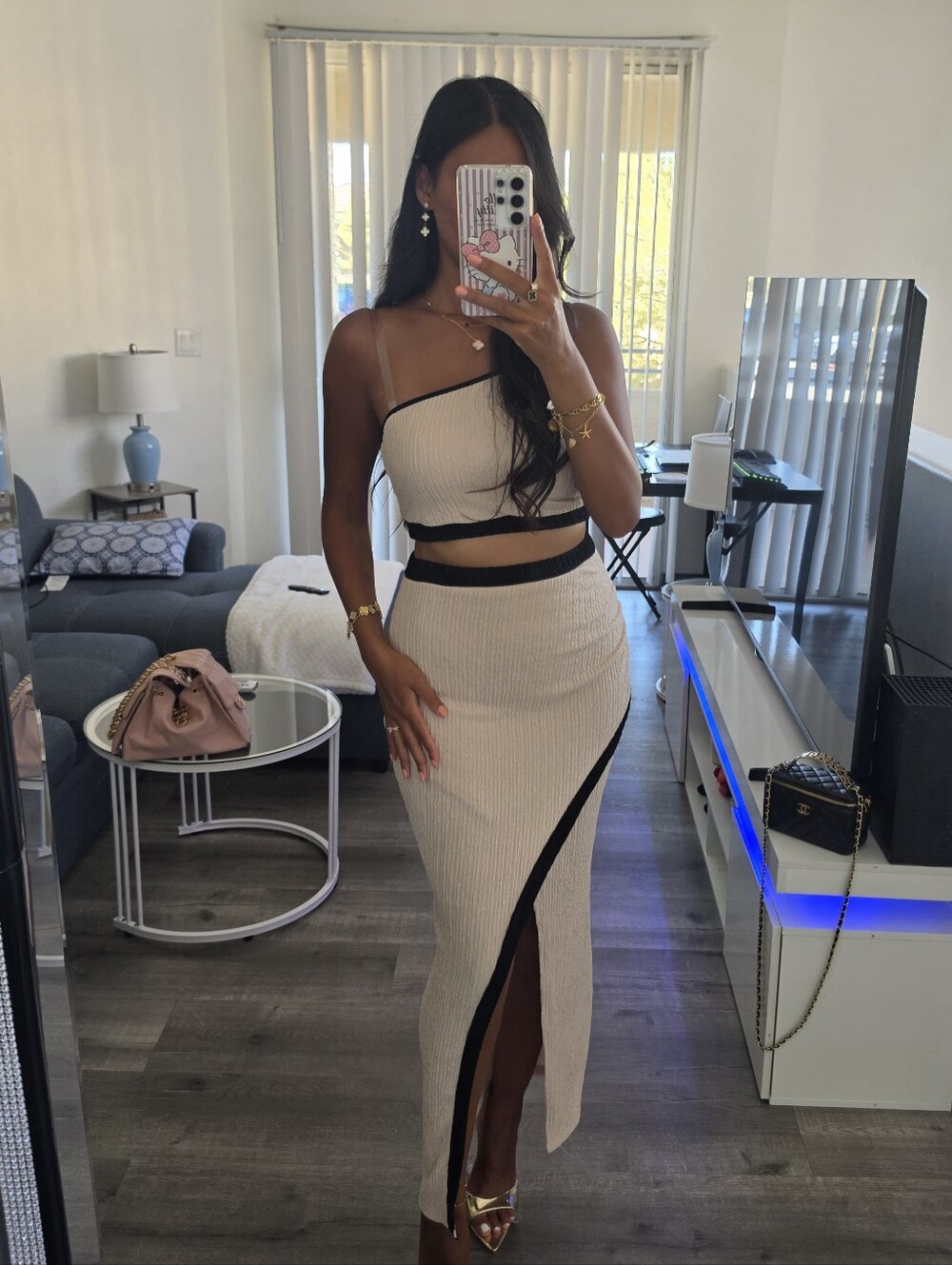 Women’s Cream Ribbed Two-Piece Maxi Skirt with Black Trim Stretchy